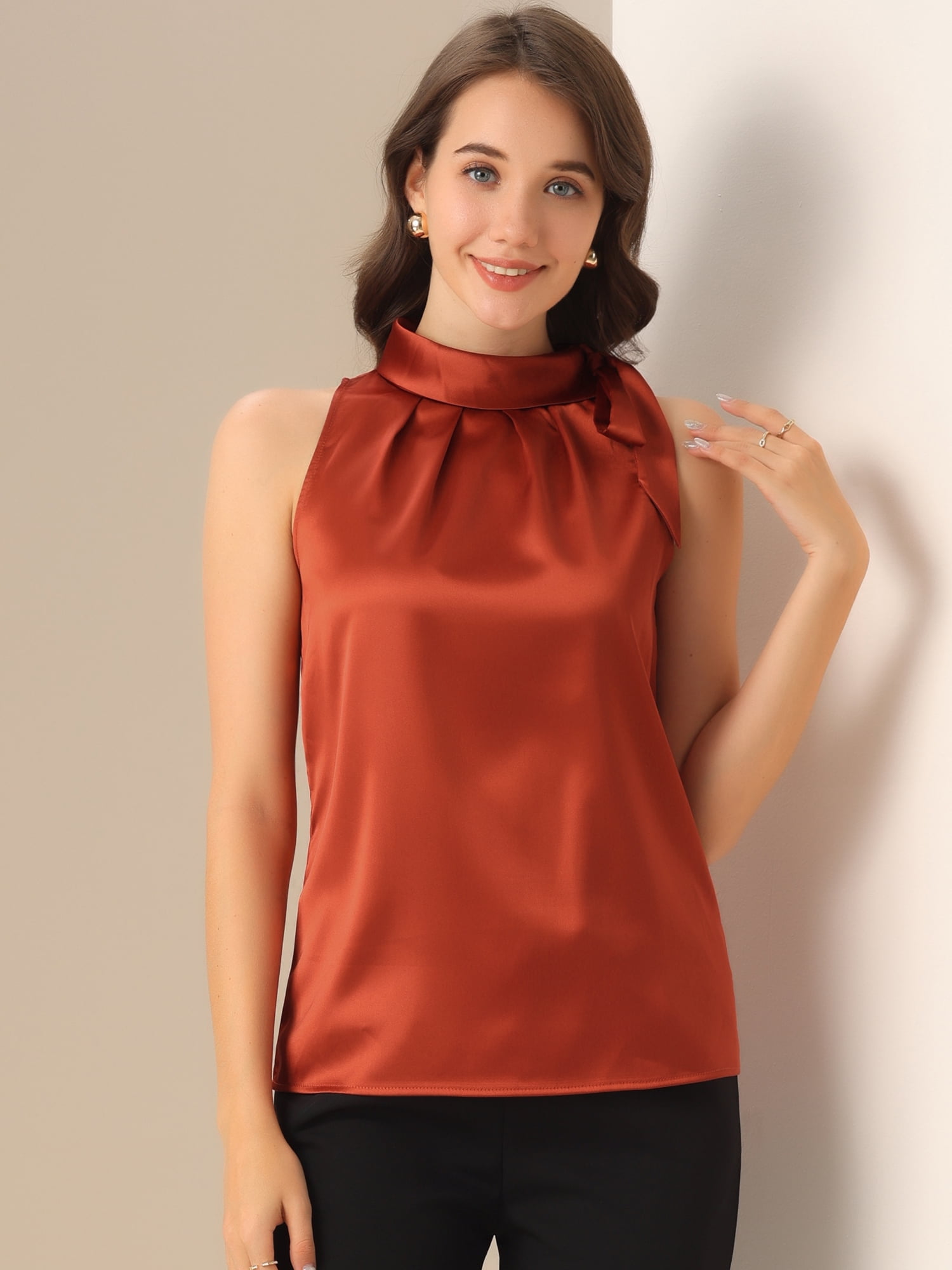 DARING DIVA Bow Tie Neck Solid Work Blouse Top M Red