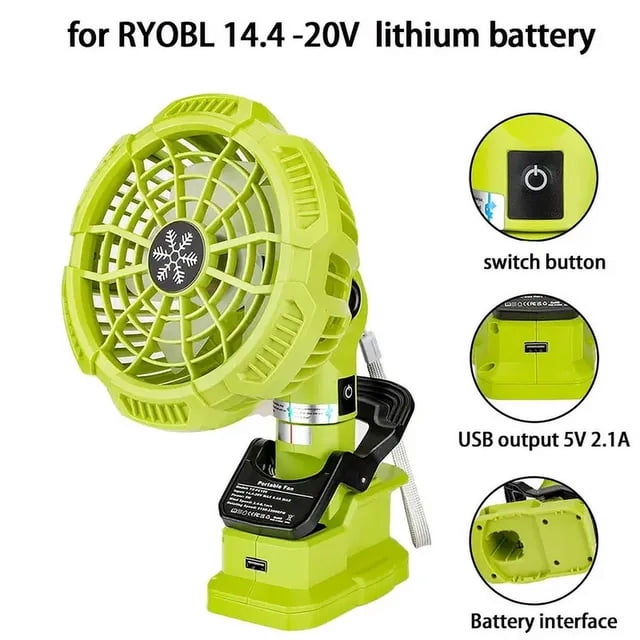 con ventilador inalámbrico usb para makita/dewalt/bosch/milwaukee/black&decker/ryobi/craftsman ventilador de camping con batería de iones de litio de 1,4-4-20 v para recámara, exterior, camping y lugar de trabajo Ventilador clip portátil color verde pistacho, vista 3/4; 5 aspas y rejilla circular, botón de encendido visible, puerto USB 5V 2.1A en la base y toma para batería serie FC109 (sin batería incluida). Carcasa ABS+PC, motor sin escobillas, ruido <30 dB; cabezal pivotante 330° horizontal y 110° vertical; compatible con baterías 14.4–20V; también funciona como banco de energía para cargar dispositivos pequeños; apto para camping, taller y uso en exteriores.