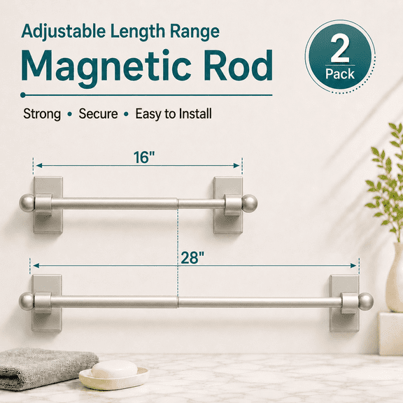 TAVENE 2 Pack Magnetic Curtain Rods for Metal Doors, 2 Pack Magnetic Cafe Curtain Rod with Adjustable Length Extends from 16 inch to 28 inch, Easy Installation for Any Steel Spaces, Nickel