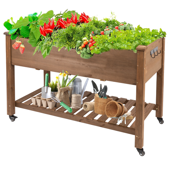 Gowoodhut Raised Garden Bed with Wheels 48x24x30in, Wood Planter for Vegetables, Flowers, Herbs – Suitable for Backyard, Patio, Balcony, Terrace, Veranda (Brown)