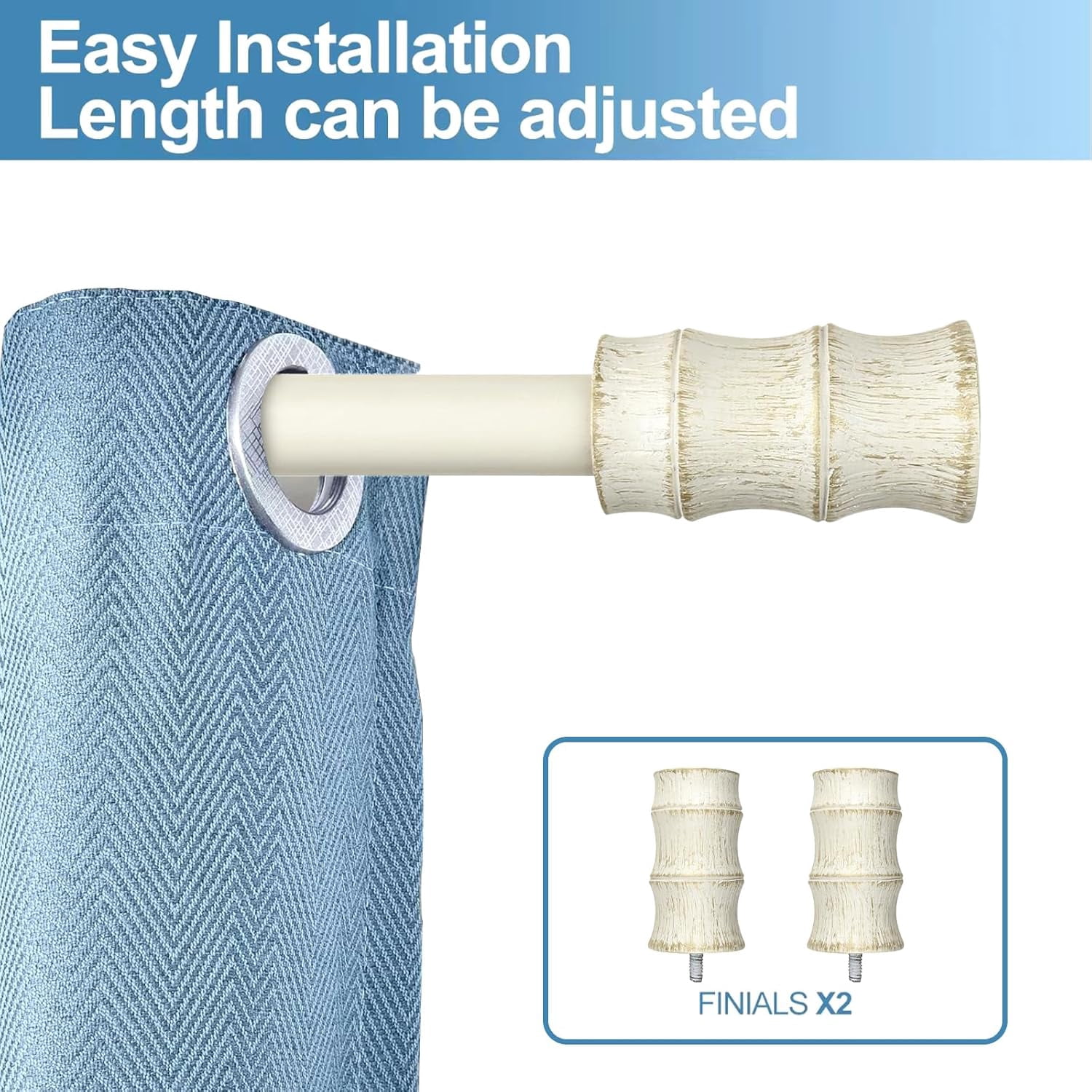 Urbanest Adjustable Single Curtain Rod Set Gilded Bamboo Finials – 1 - Inch Diameter, With French White Rod, 84–120 Inches