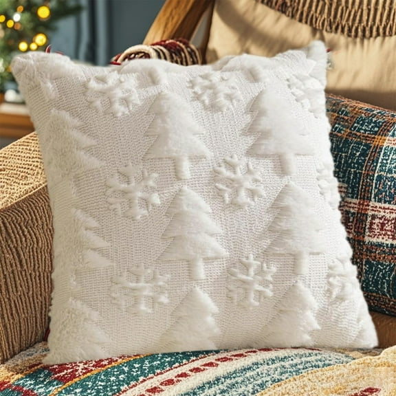 Christmas Pillowcase, Home Christmas Decoration Pillow Cover, 17.73*17.73", with Christmas Trees and Snowflakes Print, for Home Sofa, Bed, Car Interior Christmas Decor