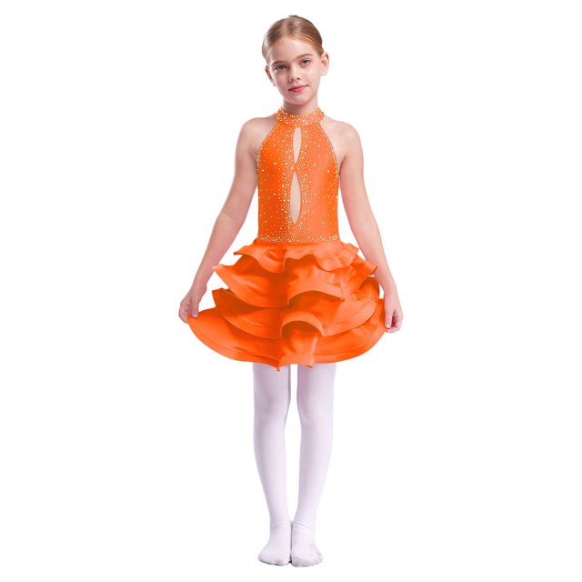 zdhoor Robe de Danse Latine à Étages avec Strass pour Filles Enfants Tango Rumba Samba Tenue de Danse de Salon Orange 14