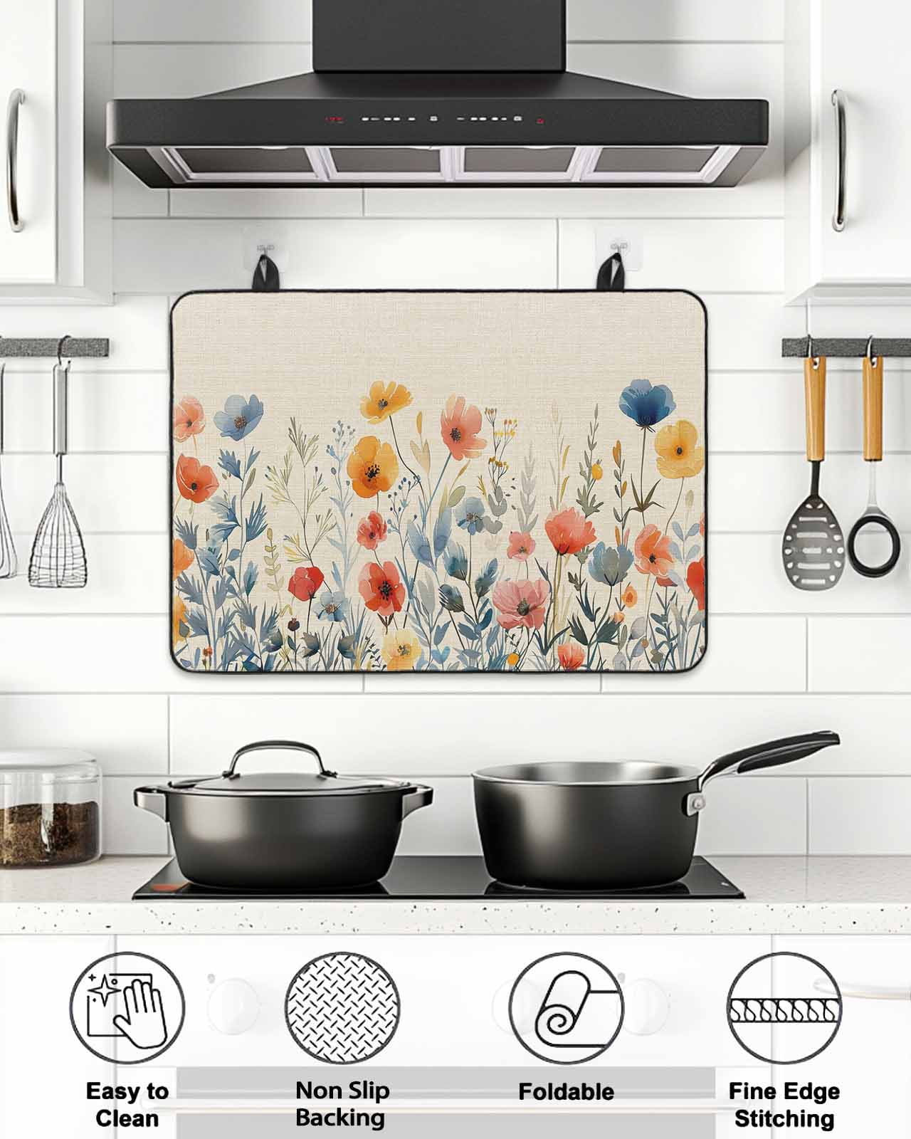 Stove Top Covers for Electric Stove, Spring Floral Glass Stovetop Cover Protector, Watercolor Elegant Summer Botanical Rustic Induction Cooktop Protector Oven Mat for Kitchen Countertop 24"x21"