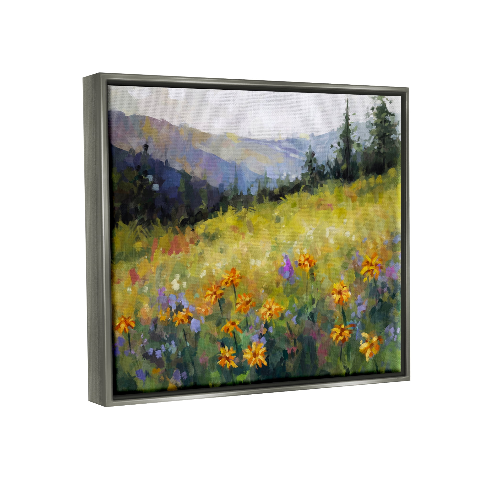 Stupell Industries Flower Meadow Painting Landscape Painting Gray Floater Framed Canvas Art Print Wall Art, 31 x 25