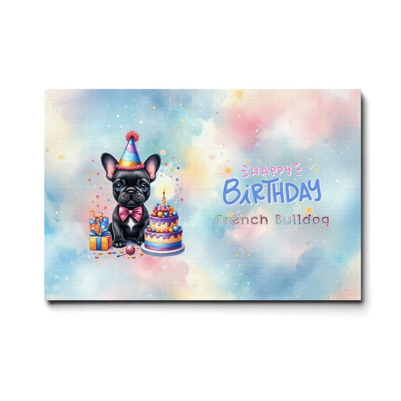 Happy Birthday Cute Puppy French Bulldog with Cake Gifts Party Hat Horizontal Matte Canvas Poster Dog Lover Gifts Wall Art Home Decor - 00029