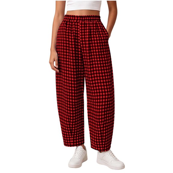 Htigea Plaid Barrel Pants for Women Summer Wide Leg Lounge Pant Casual Loose Beach Bottoms with Pockets Wine S