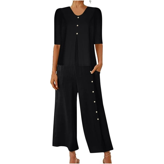 Scyoekwg Two Piece Outfits for Women Summer Cotton Linen Short Sleeve V-Neck Button Tops Wide Leg Pants Casual Trendy Sweatsuits Sets Loose Solid Color Outfits (Black,XXL)