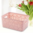thumbnail image 2 of Miangastore Stackable Plastic Storage Box Hollow Out Delicate Retro Pattern Storage Basket with Lid for Clothes Cosmetics Papers Toys - Small Size(Pink), 2 of 8