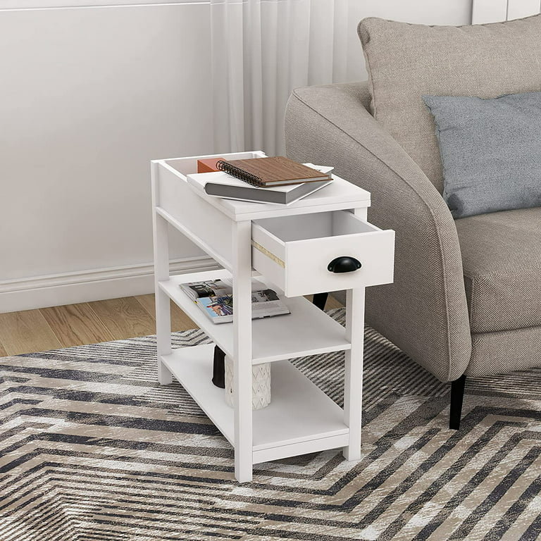 ZENODDLY Small Side Table with Drawer & 2 Shelves, 3 Tier Narrow End Table  with Storage, White End Tables for Living Room with Storage, Elegant Wood