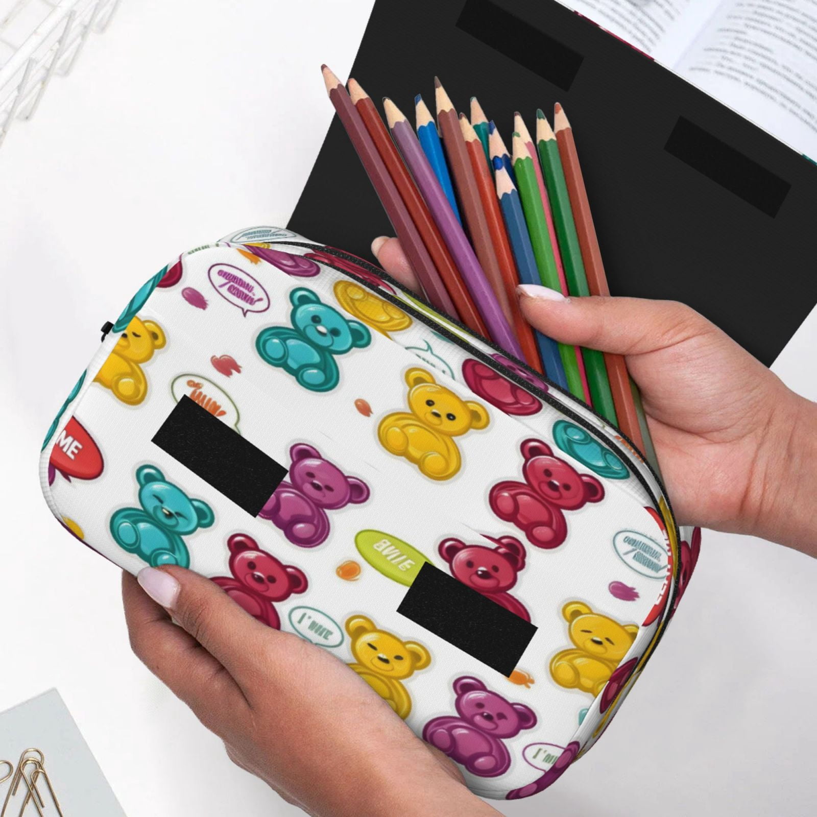 Large-Capacity Flip-Top Double-Layer Pencil Case, Multi-Functional Pocket Pen Case, Durable Stationery Organizer Colorful Gummy Bears Candies Jelly Sweets