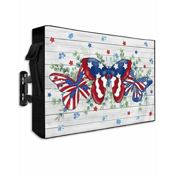 Blue Red Butterfly Outdoor TV Cover 30 to 32 Inch Weatherproof, Stars Independence Day Wooden 600D Oxford TV Covers with Waterproof Zipper, Outside Flat TV Screen Protector 30"Wx19"Hx4.5"D