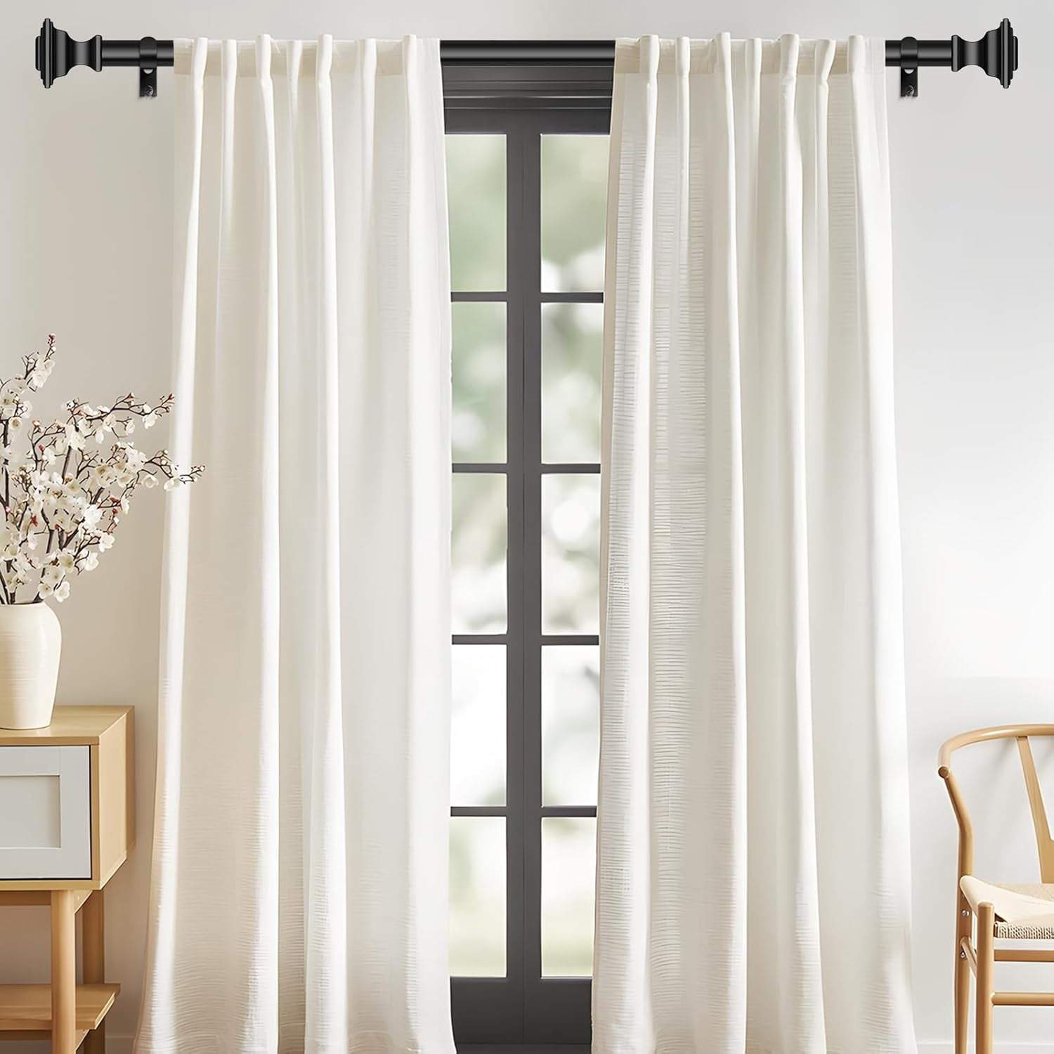 Curtain Rods for Windows 48 to 84 Inch(4-7 Feet),3/4" Diameter Black Drapery Rods with Square Finials,Size:36-88 Inch,Matte Black