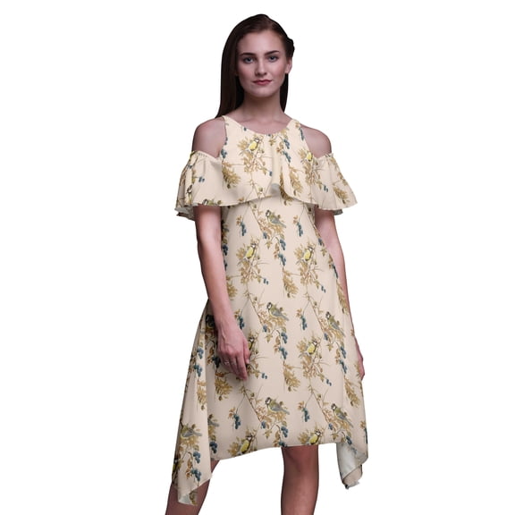 Bimba Bird Print Cold Shoulder Women Swing Tunic Flutter Sleeve Midi Dress-XXX-Large