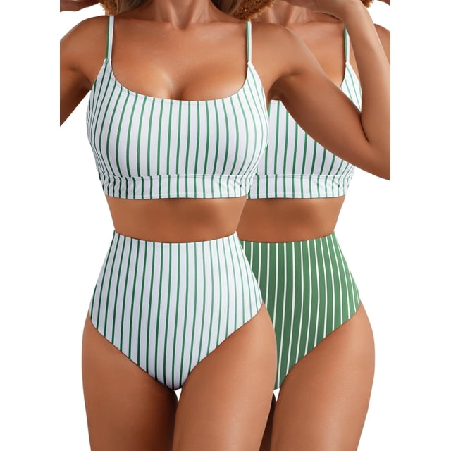 Conjunto de bikini Herseas de cintura alta para mujer con rayas verdes, talla L