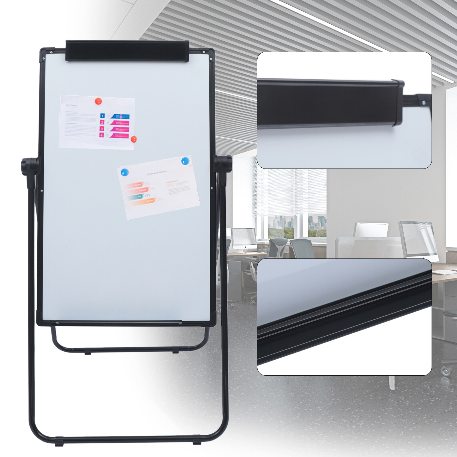 35*24" Double Sided Board Magnetic Dry Erase White Board Adjustable Freestanding