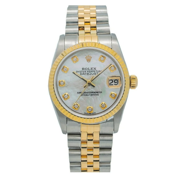 Pre-Owned Rolex Datejust 26MM 69173 Mother of Pearl Diamond Dial Fluted Bezel Two Tone Yellow Gold Jubilee Bracelet