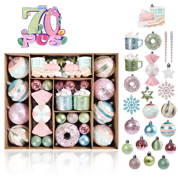 BESTSKY 70-Piece Macaron Christmas Ornament Set-Colorful Plastic Painted Candy Box Ball Pendants for Tree Decorations,Wreaths&Holiday Displays,Pastel Color Painted Plastic Christmas Balls