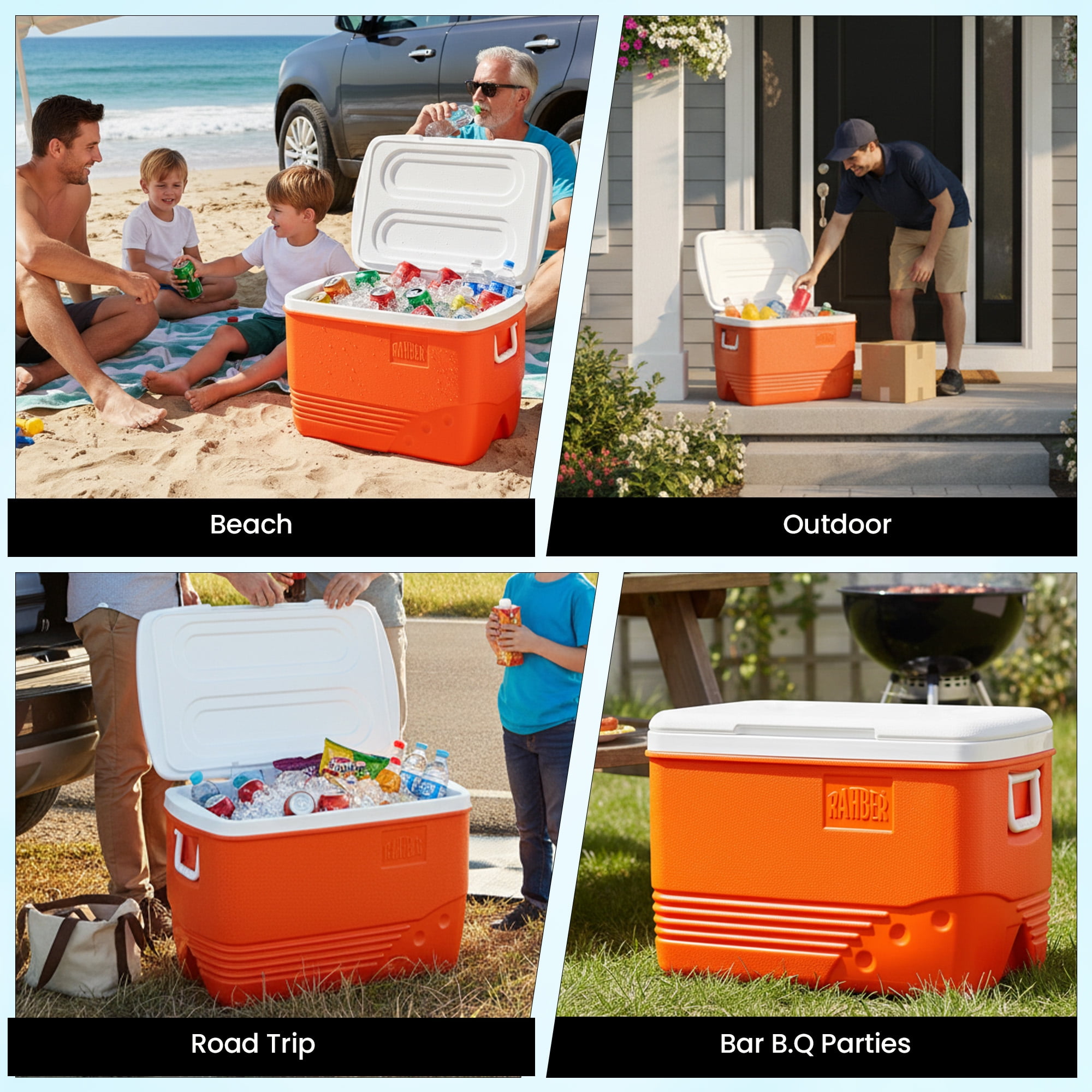 Rahber 44.4 Qt Ice Cooler Insulated Ice Chest Box, Hard Sided Portable with Retractable Handle