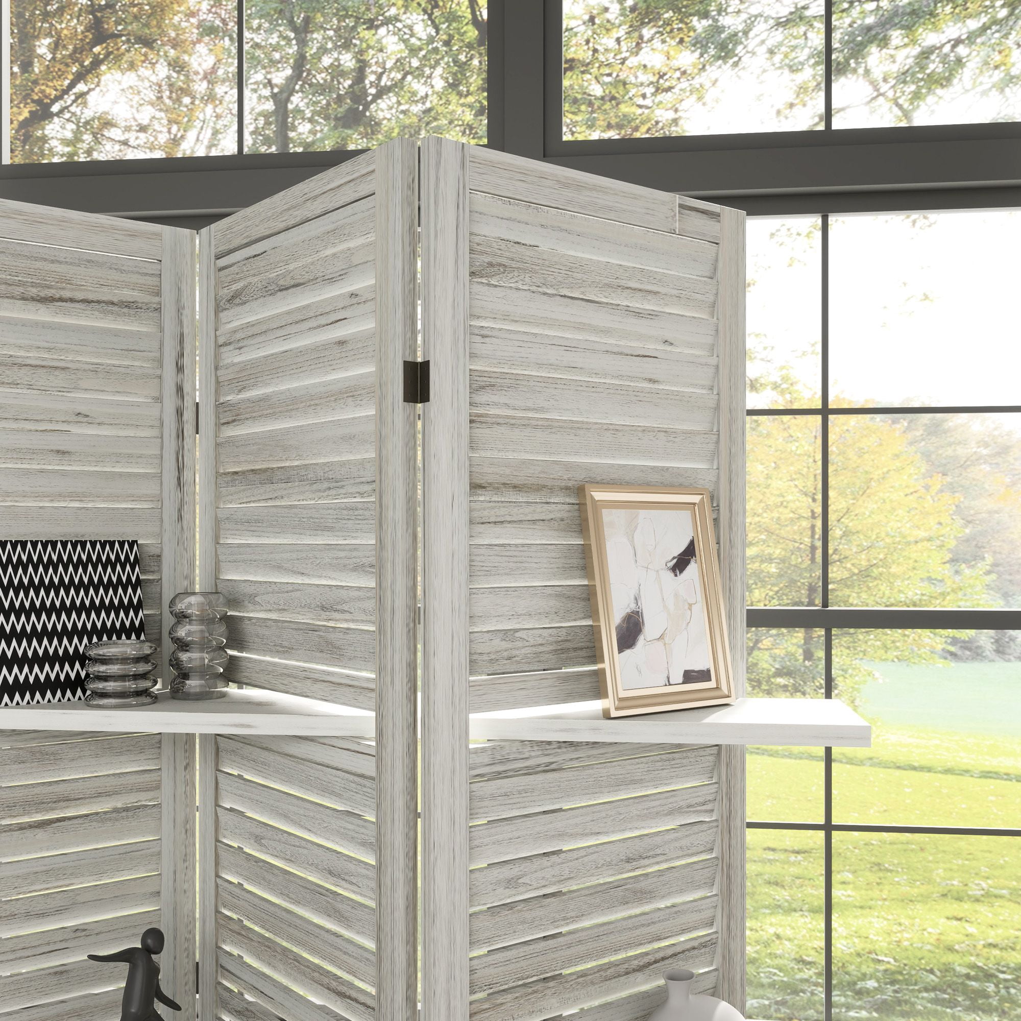 Alvantor 5 Panel Room Divider 67" Wood Privacy Screen with Storage Shelves for Porch Living Room Dorm White