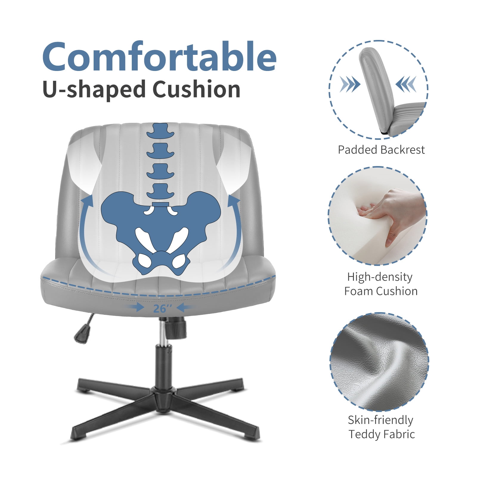 MAYEERTY Armless Criss Cross Chair Office Chair Vanity Chair for Bedroom Office，Gray