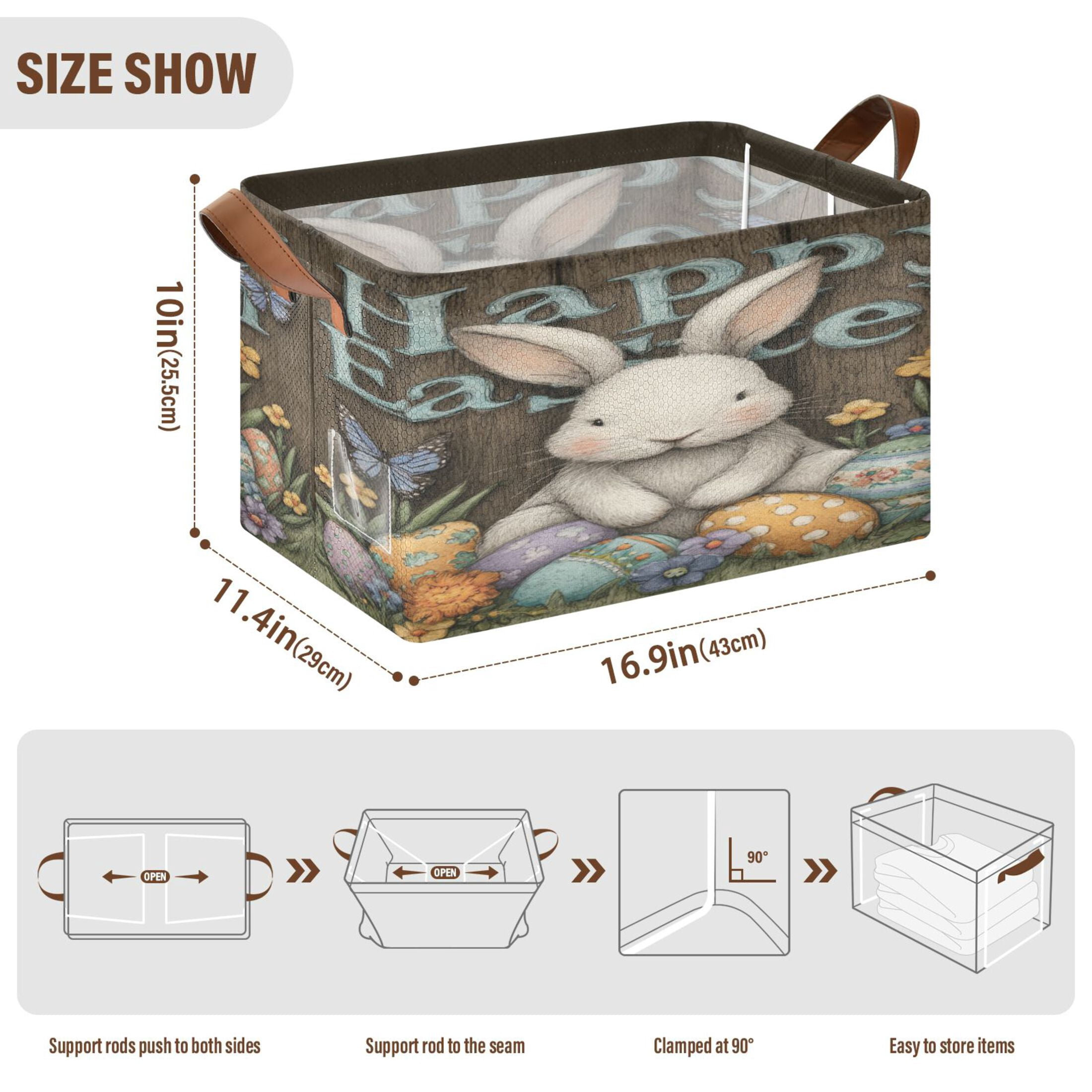 WobogoCute Easter Bunny Storage Basket 16.9×11.4×10in Collapsible Oversized with Metal Iron Frame