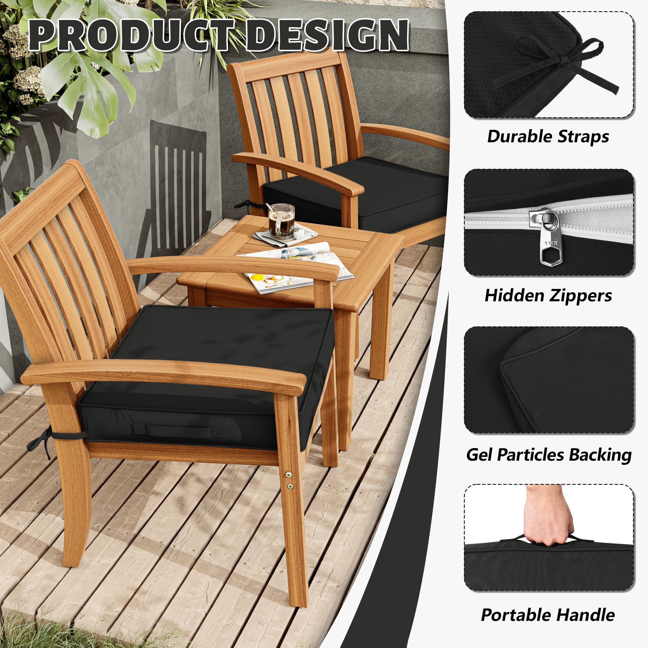 Kimunuk Outdoor Chair Cushions set of 2, 17" x 16" Zipped Waterproof Outdoor Seat Cushions Couch Pads with Ties for Patio Furniture, Black