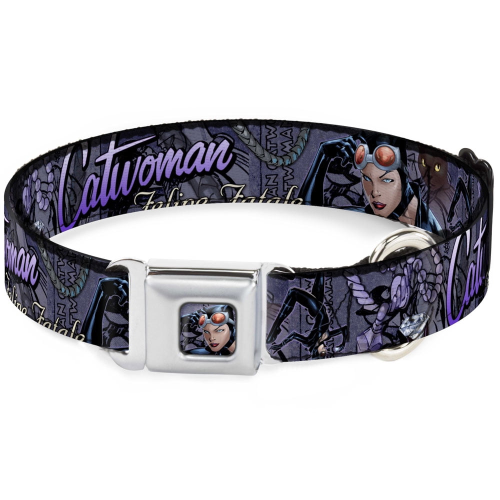 DC Comics Pet Collar, Dog Collar Metal Seatbelt Buckle, Catwoman Nine Lives of A Feline Fatale Pose Jewelry Cat, 15 to 24 Inches 1.0 Inch Wide