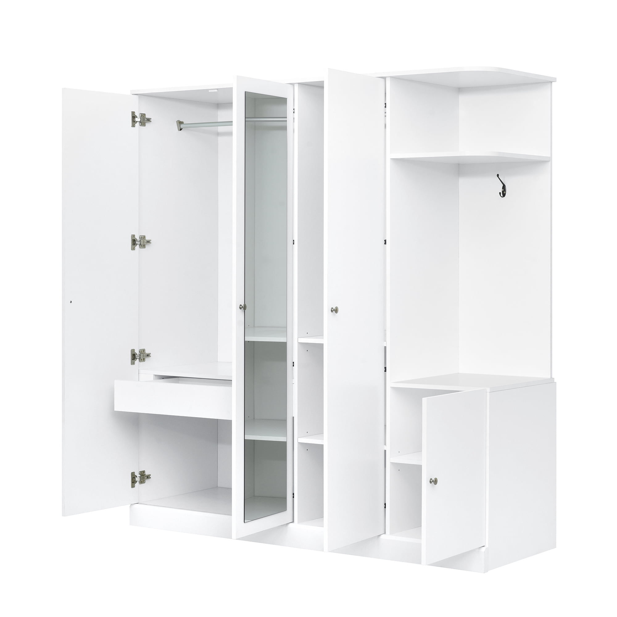 Euroco 4 Door Wardrobe with Drawers and Shelves, Wood Armoire with Mirror and Shelves, White