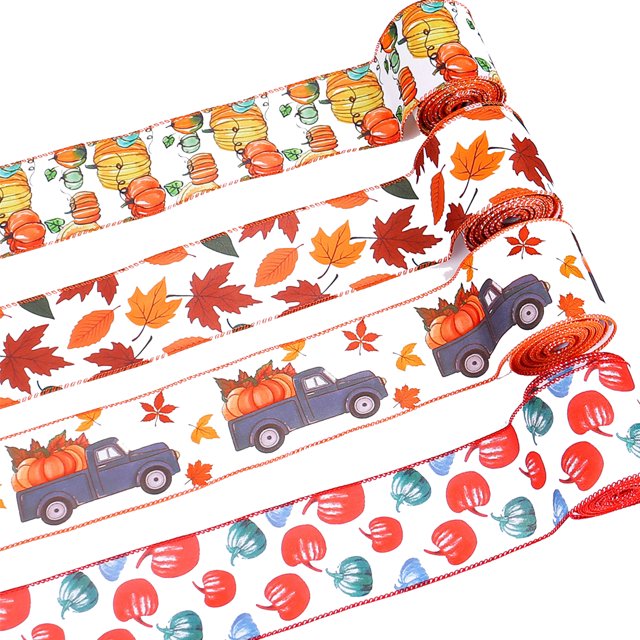 SUNSIOM Fall Thanksgiving Ribbons, Autumn Leaf Pumpkin Ribbons for Thanksgiving Fall Decoration DIY Party Wrapping Gifts