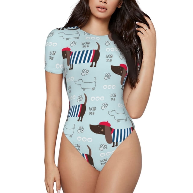 Saiise Justaucorps à Manches Courtes pour Femmes Motif Chiot Teckel Col Rond Pyjama Extensible avec Fermeture à Pression-Grand