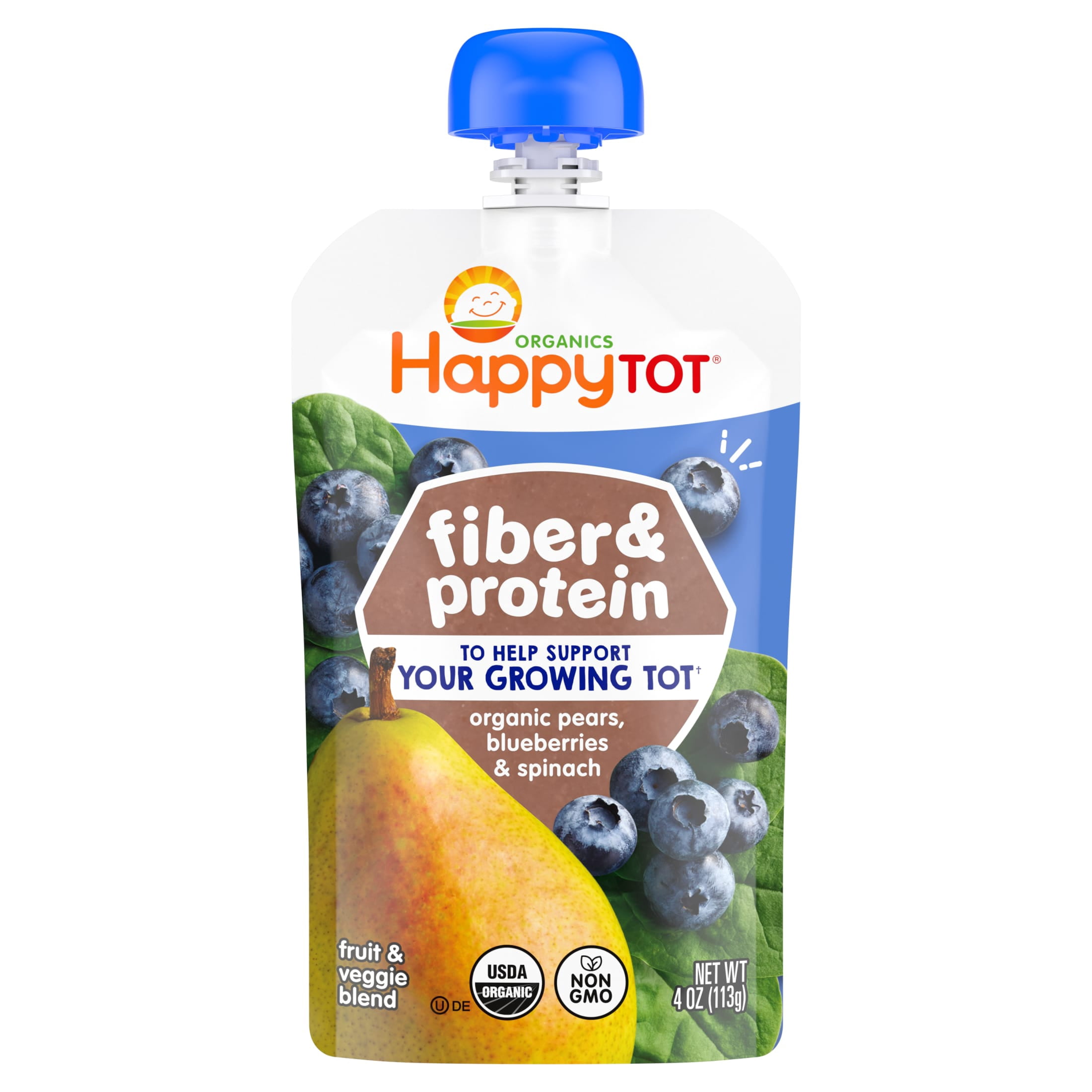 Happy Tot Organics Fiber & Protein, Stage 4, Pears Blueberries & Spinach Organic Tot Food, 4 oz. (8 pack)