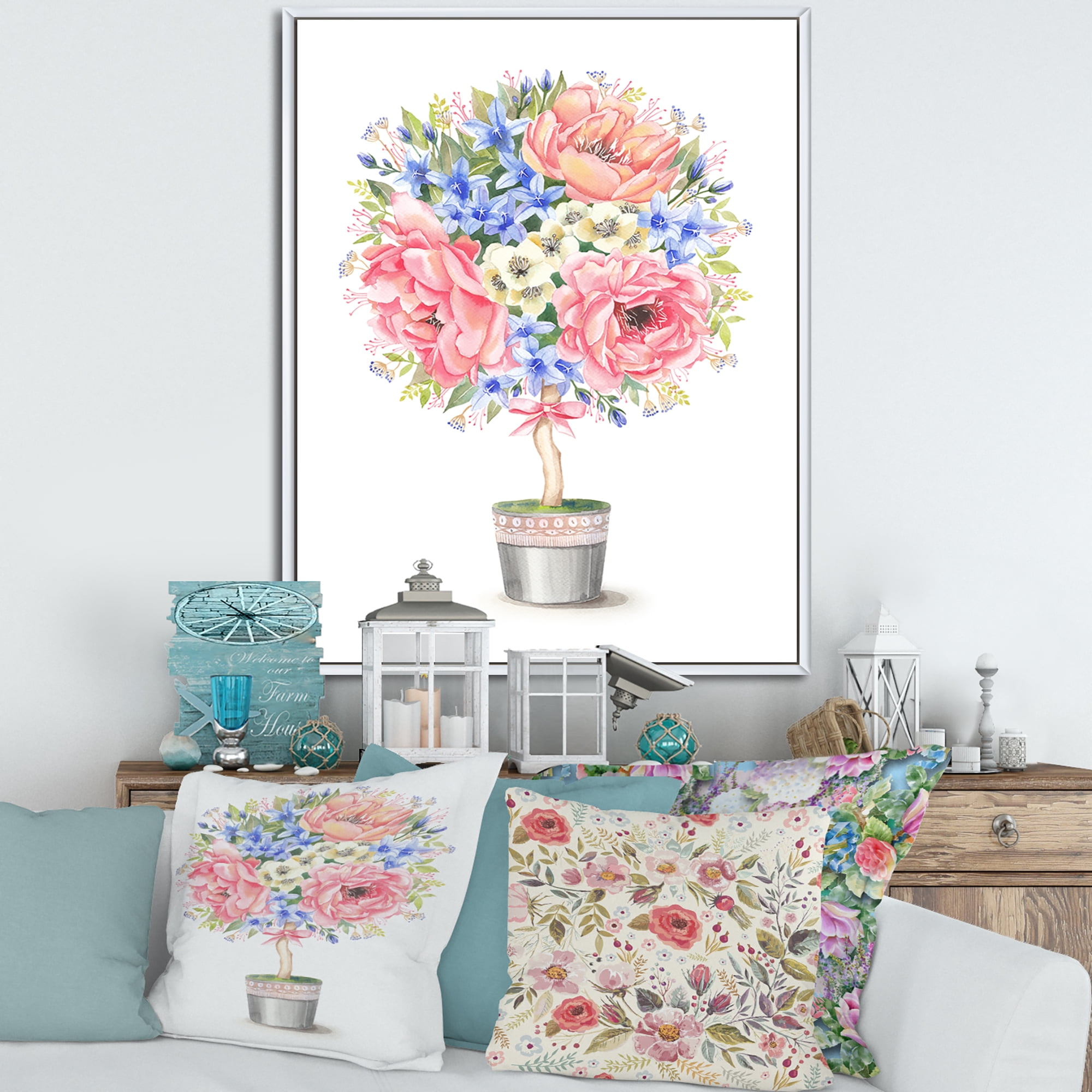 Designart 'A Bow With Flower Tree In A Pot' Farmhouse Framed Canvas Wall Art Print