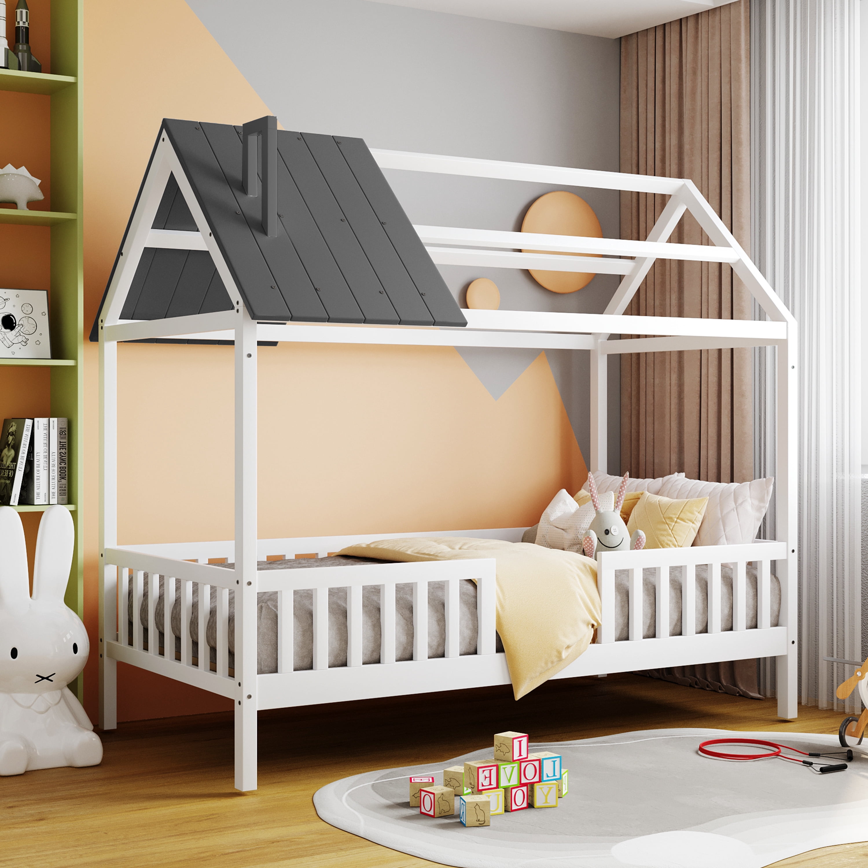 Euroco Twin Size House Platform Bed with Roof and Guardrails Design, White&Gray