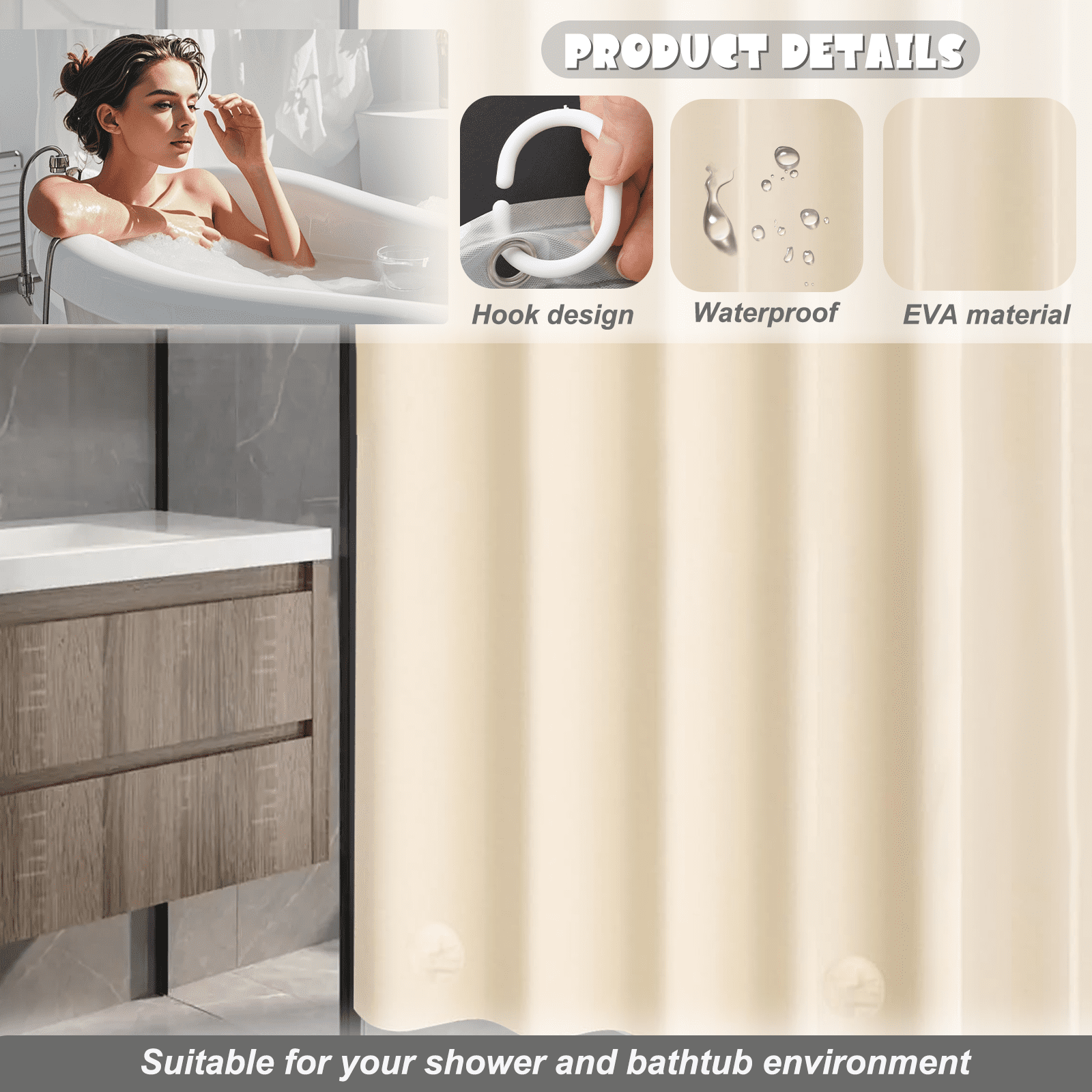 Dznils Extra Long Beige PEVA Shower Curtain Liner with Hooks Mildew Resistant, 72" W x 78" H, 2 Pack