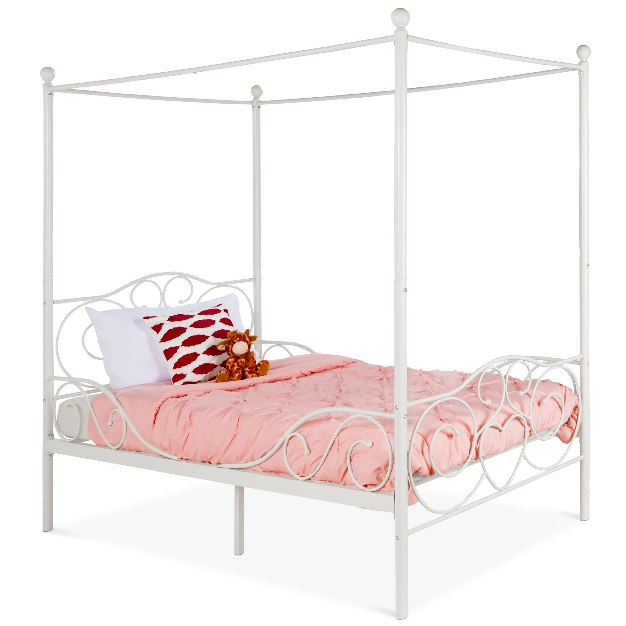 Canopy Bed Frame Full Size Metal Princess Girls Kids Bedroom Furniture White New 