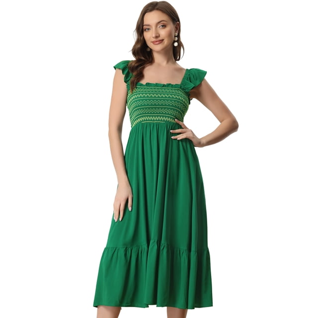 Vestido de verano fruncido Allegra K Cuello Cuadrado bohemio Sin Mangas volantes Midi Verde S