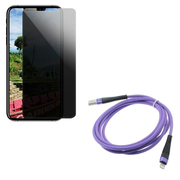 Privacy Screen Protector w 6ft USB Cable for iPhone XR - Tempered Glass Curved Anti-Spy Anti-Peep, Purple Charger Cord Power Wire