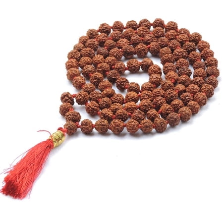 Rudraksha Mala Noué, Organique, 5 Visage (Panchmukhi) avec 108 + 1 Perles (Taille de Perles 8-9 mm) pour Méditation Japonaise