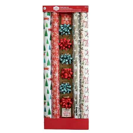 Holiday Time Gift Wrapping Paper Kit, Farmhouse Traditional Red & Green, 4 Rolls Gift Wrap, 10 Gift Tags, 6 Gift Bows