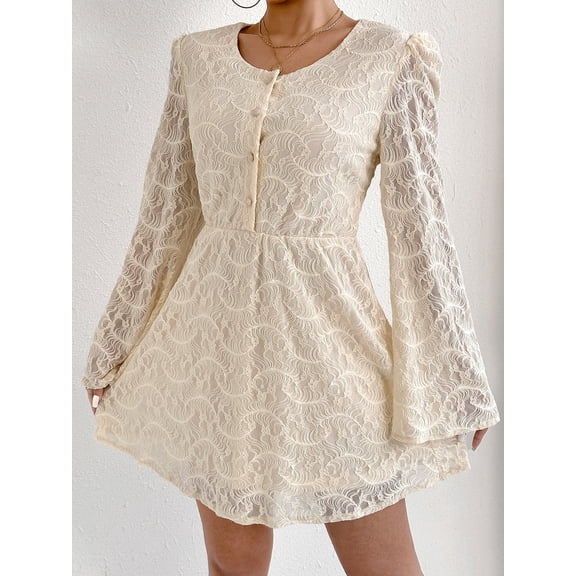 Dresses for Women Cream Lace A Line Mini Dress Puff Shoulder Flare Sleeve Button Front Casual Dress
