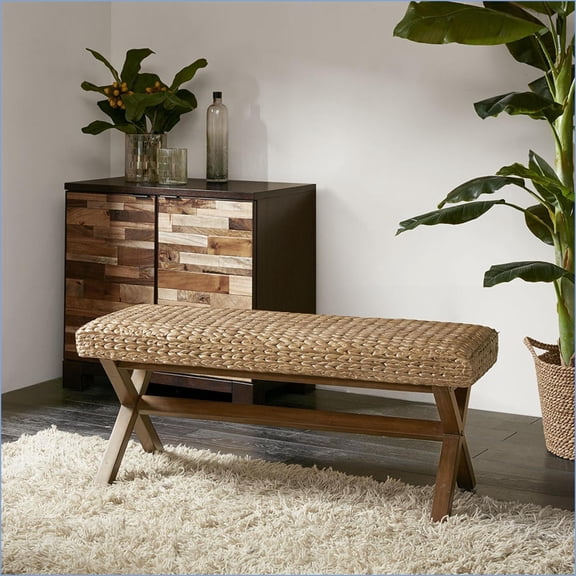 Seadrift 45”W Water Hyacinth Bench with Mahogany Chestnut Legs | Brown | Wood