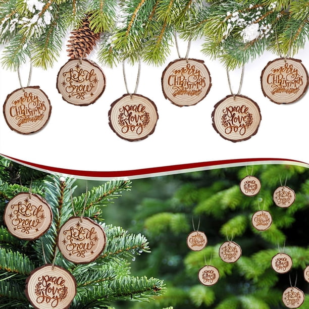 Adornos de madera para árbol de Navidad con cuero • Colgantes redondos tallados • Juego de 12 piezas • Decoración rústica del hogar • Manualidades en madera ecológicas