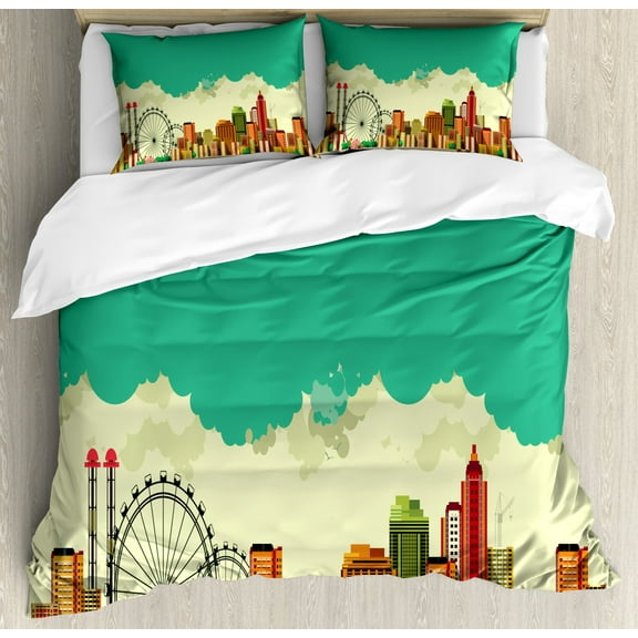 Ferris Wheel Duvet Cover Set Queen Size, Vintage Panaromic View of a Metropolis Consisting Skyscrapers Greenery Circus, Decorative 3 Piece Bedding Set with 2 Pillow Shams, Multicolor, by Ambesonne