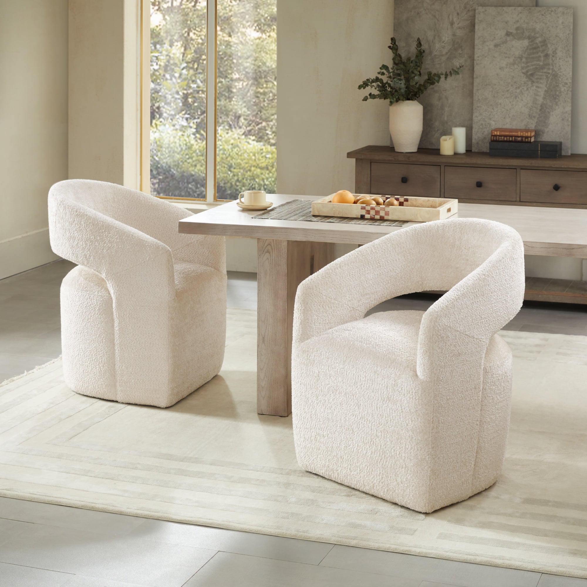 CHITA Modern Dining Chair with Caster Wheels & Open Back, Upholstered Dining Room Chairs, Fabric in Beige