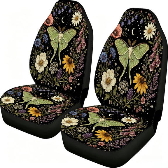 Green Moth Floral Moon Print Car Seat Covers 2 Piece, Mesh Fabric Front Seat Protectors Universal Fit for Cars Suvs Trucks Vans