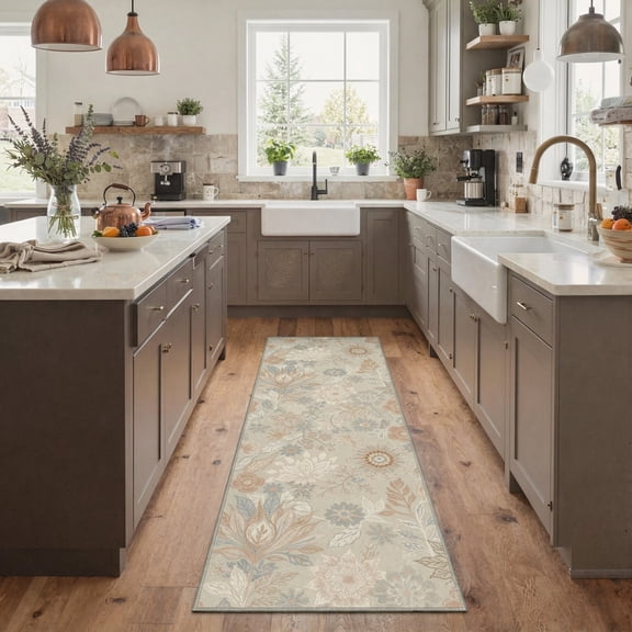 GENIMO 2'x7' Runner Rug, Machine Washable Non Slip Low Pile Hallway Runner Rug for Kitchen Laundry Room, Romantic Floral, Muted Beige