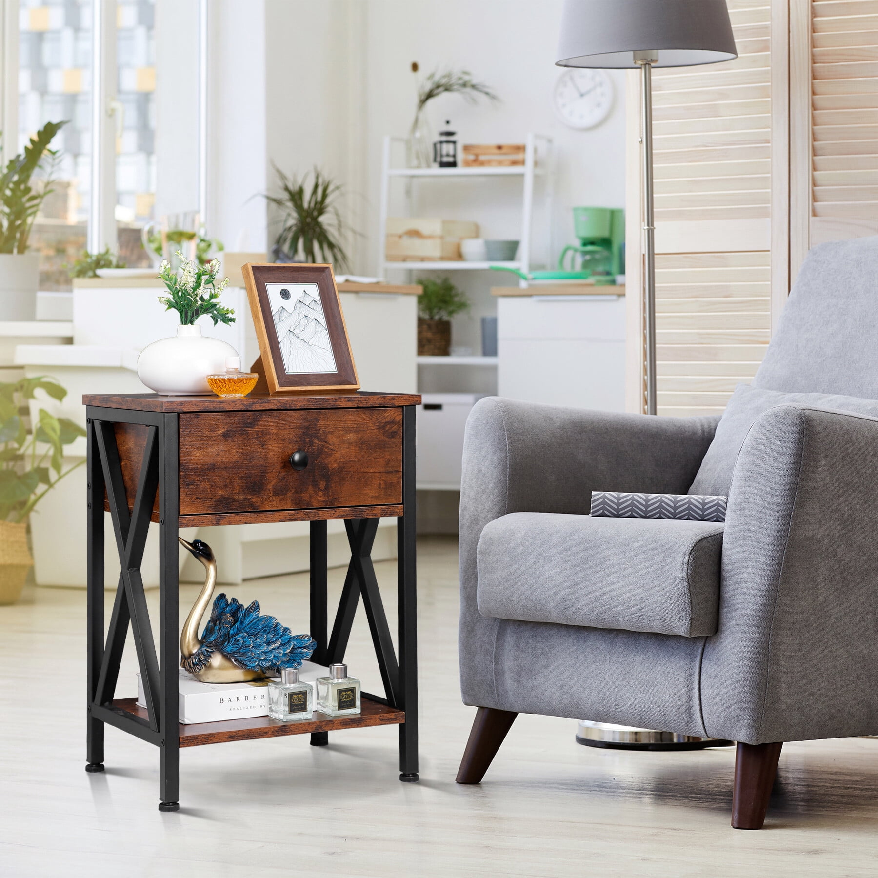 ZenSports 2 Pack Wood Grain End Table Retro Industry Side Table W/ Drawer, Rustic Brown
