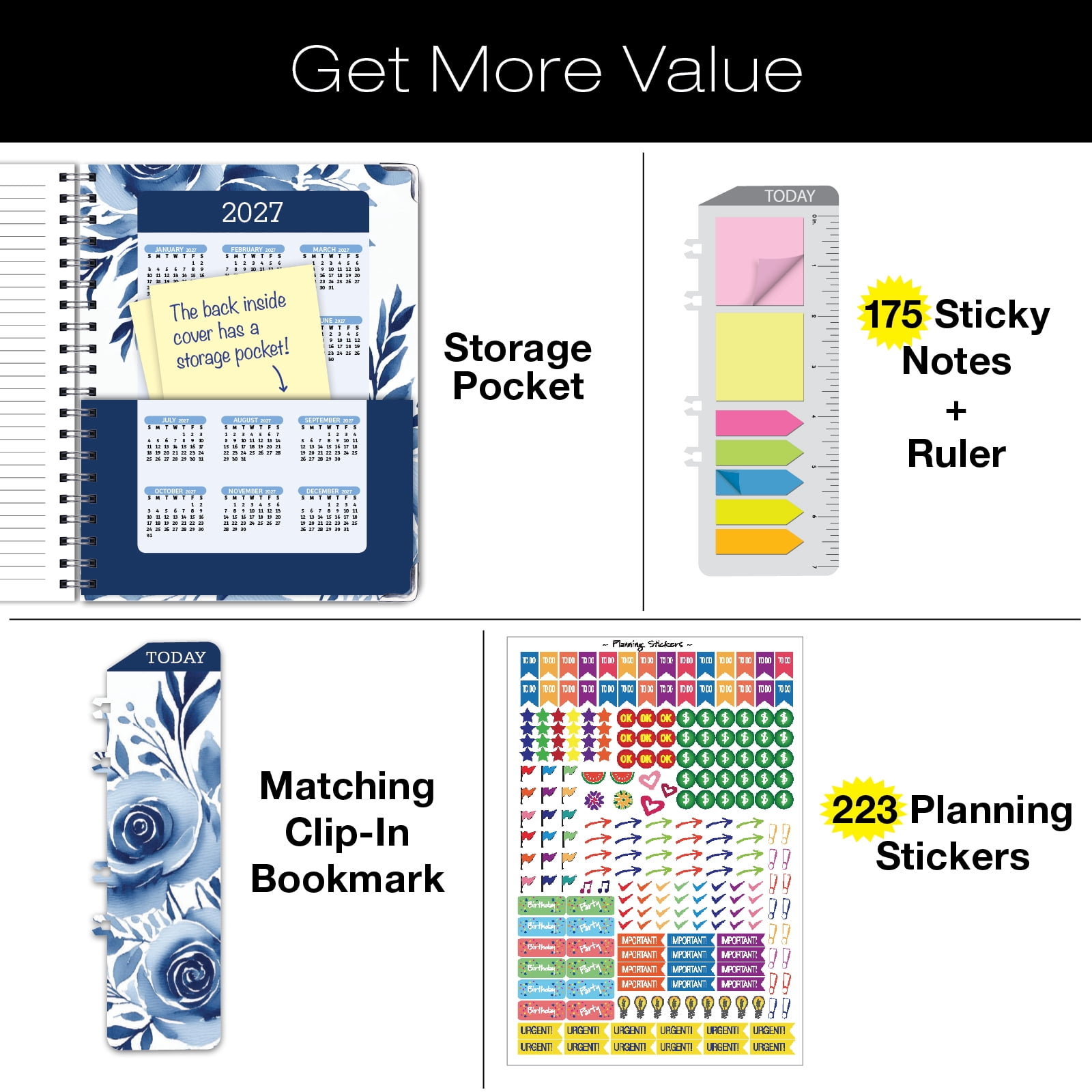 2026-2027 Excello Brands 8.5" x 11" Academic Year Hardcover Fashion Planner, Weekly/Monthly, 14 Month, Blue Bloom