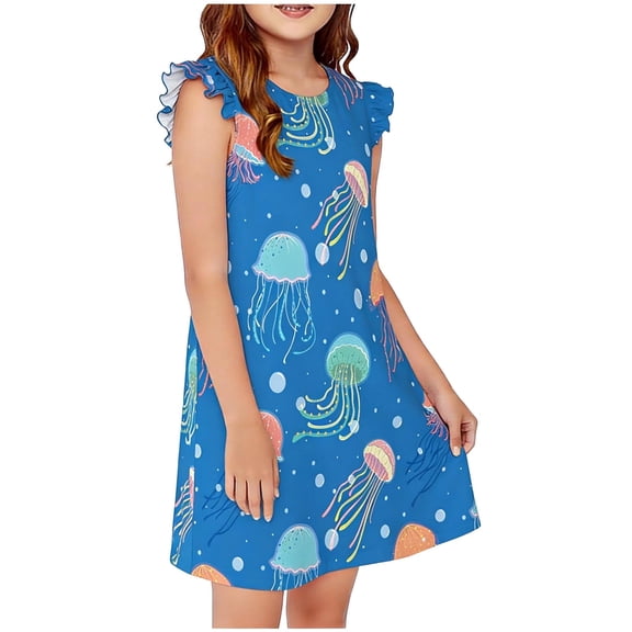 Spazoro Girls Midi Dresses, Ruffle Sleeve Jellyfish Print A-Line Crew Neck Casual Summer Dresses for Girls Dark Blue Size 5-6